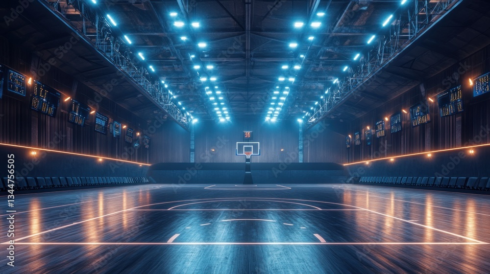 Obraz premium Futuristic basketball court glows under bright blue and orange lighting