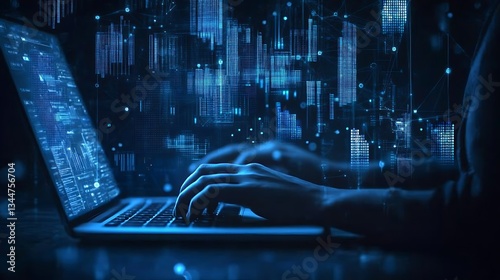 Hands Typing on Laptop with Data Analytics Display, A close-up of a person's hands typing on a laptop keyboard, with a screen displaying data analytics and graphs