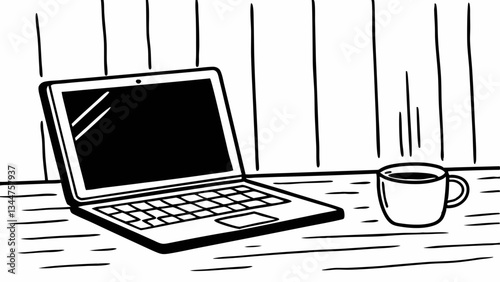 Laptop with coffee on wooden table in minimalist style  