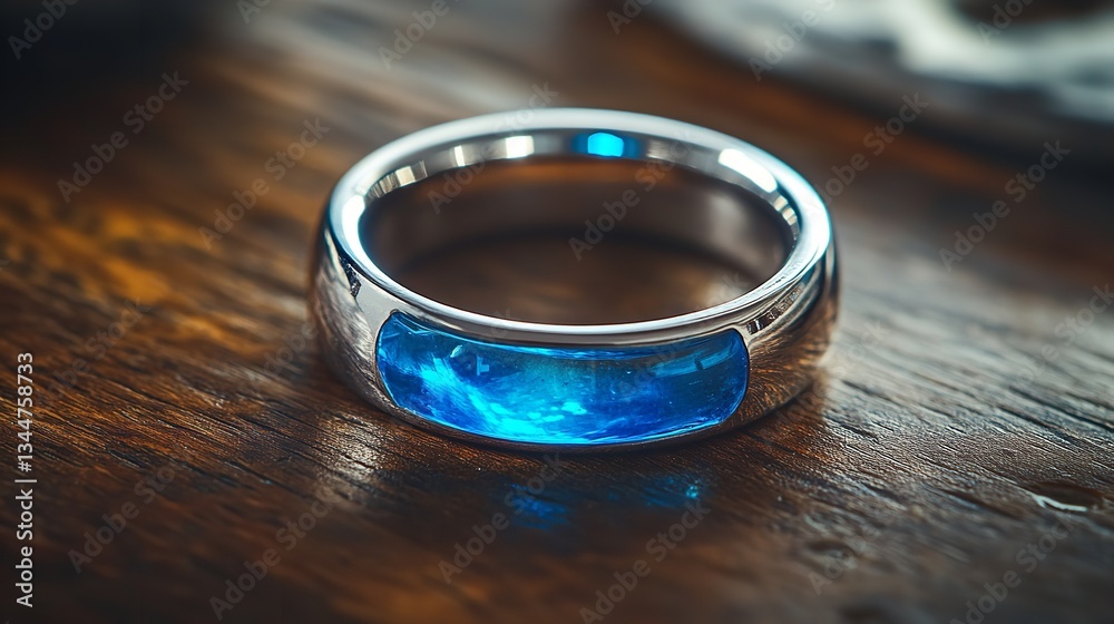 A Metallic Silver Ring with Blue Liquid on Dark Wooden Table – Top-Down Product Shot A Metallic Silver Ring with Blue Liquid on Dark Wooden Table – Top-Down Product Shot