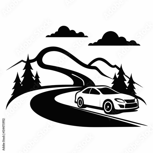 Speeding Car Silhouette on Scenic Highway – Vector Design