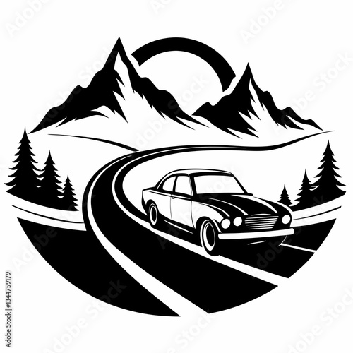 Speeding Car Silhouette on Scenic Highway – Vector Design