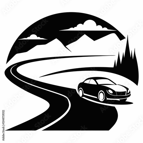 Speeding Car Silhouette on Scenic Highway – Vector Design