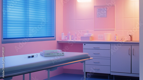 Wallpaper Mural Sterile pediatric clinic with a vacant exam table, a syringe on a tray, and a bandage box-3 Torontodigital.ca