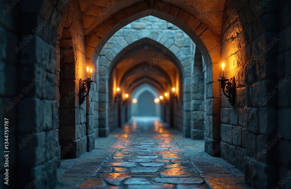 Obraz premium Medieval stone tunnel with arches illuminated by candle sconces provides atmospheric perspective. Cobblestone pathway stretches through ancient corridor. Gothic design elements evoke history,