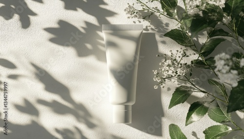 White cream tube, floral shadows, sunlight, mockup