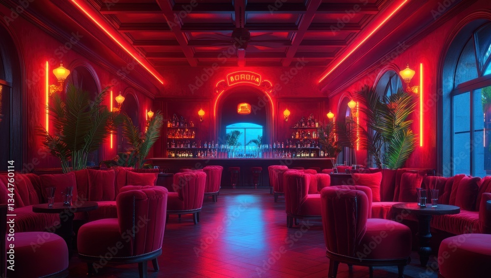 Ruby red lounge with dim lighting, neon accents and plush velvet seating Ruby red lounge with dim lighting, neon accents and plush velvet seating