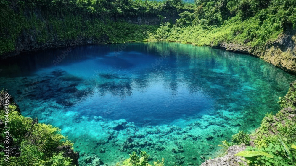 Crystal-clear, vibrant blue crater lake nestled within lush, tropical greenery Crystal-clear, vibrant blue crater lake nestled within lush, tropical greenery
