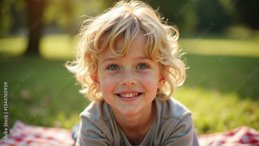 A smiling young boy with curly hair and bright blue eyes enjoys a sunny moment outdoors, laying on a blanket in a lush green field. Generative, AI, A smiling young boy with curly hair and bright blue eyes enjoys a sunny moment outdoors, laying on a blanket in a lush green field. Generative, AI,