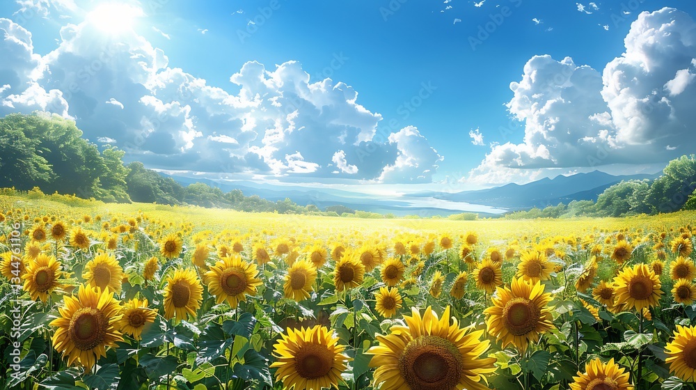 Obraz premium Bright sunny sunflower field with an open blue sky large text friendly area