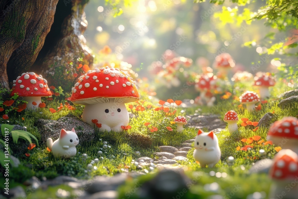 Cute mushrooms and kittens exist in a whimsical forest setting Cute mushrooms and kittens exist in a whimsical forest setting