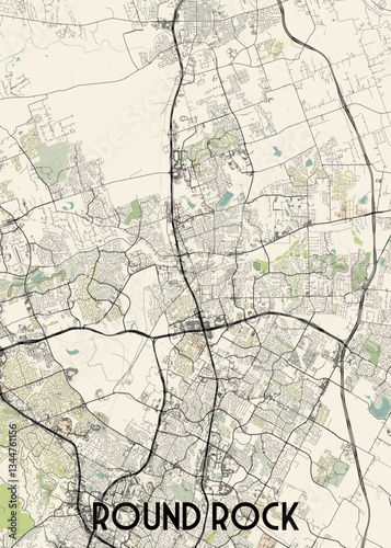 A detailed map of Round Rock, Texas, featuring a beige background with black lines representing roads and streets. The map showcases the city's layout, including major thoroughfares.