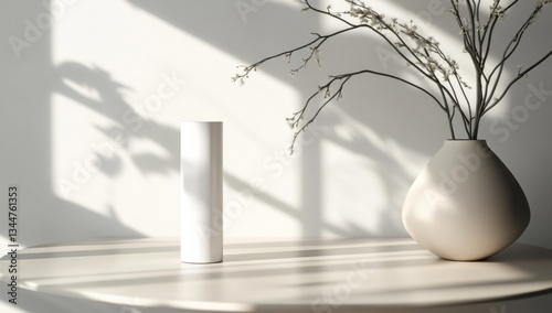 White cylinder mockup, sunlit room, vase, branches