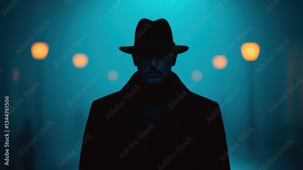 A mysterious figure in a hat stands silhouetted against a blue-lit street, evoking a sense of intrigue and suspense. A mysterious figure in a hat stands silhouetted against a blue-lit street, evoking a sense of intrigue and suspense.
