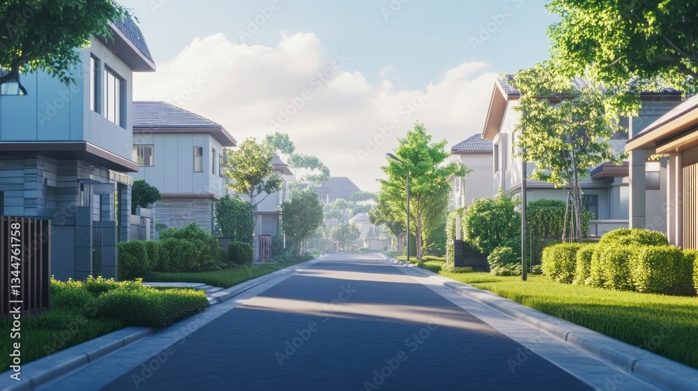 Obraz premium Serene Residential Street with Modern Homes and Lush Greenery