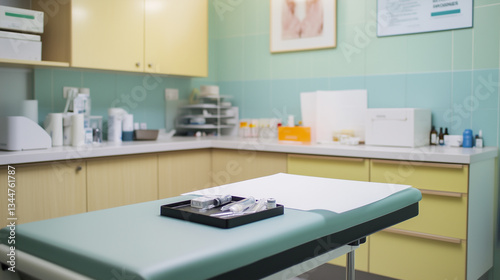 Wallpaper Mural Well-lit clinic with a clean exam table, a syringe on a tray, and a bandage box on the counter-1 Torontodigital.ca