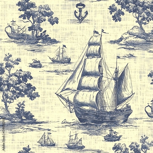 Blue and Beige Toile Print Sailing Ships and Coastal Scenery