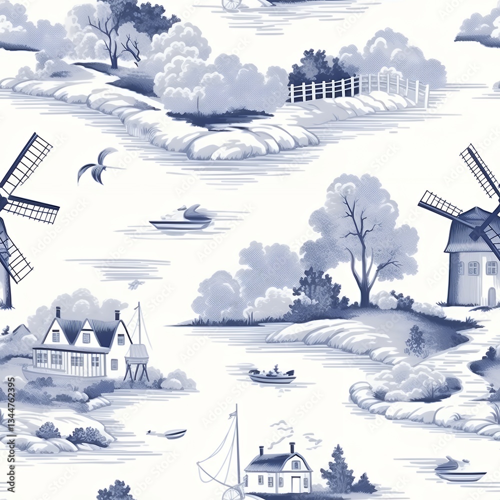 Obraz premium Serene Blue and White Waterfront Landscape Illustration