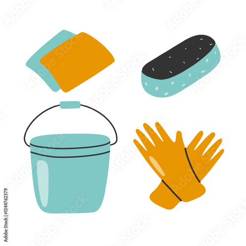 Vector illustration of cleaning essentials, including a bucket, sponge, gloves, and cloths. Perfect for cleaning service concepts, home maintenance, and hygiene-related designs.