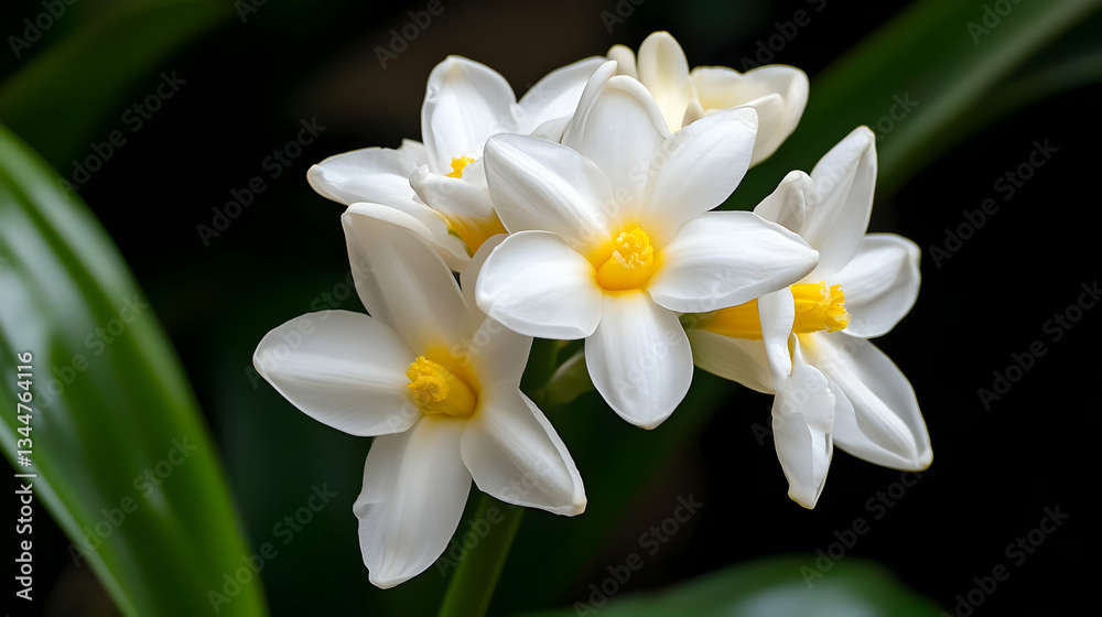 Close Up Cluster Of White Flowers With Yellow Centers Close Up Cluster Of White Flowers With Yellow Centers