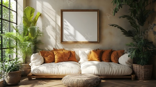 Cozy Elegant Living Room Featuring Lush Greenery Stylish Sofa Cushions Natural Light | AI Generated photo