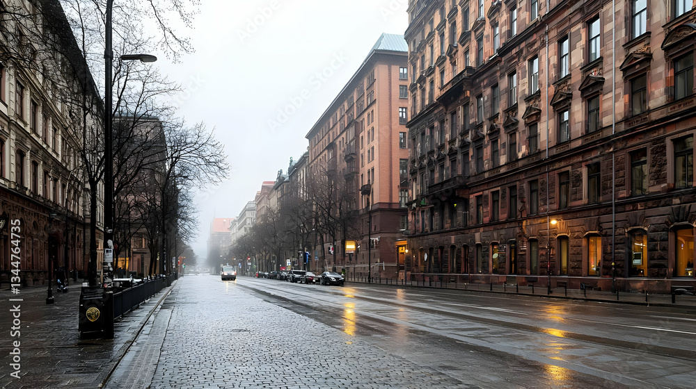 Obraz premium Rain Soaked Street Scene with Vintage Buildings and Cars on a Cloudy Day in European City