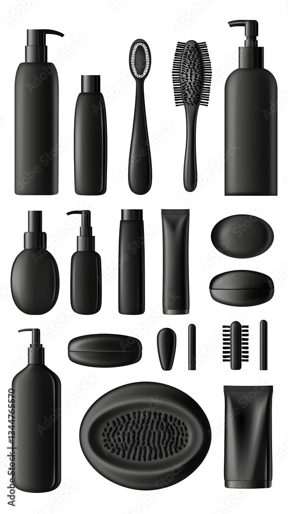 Obraz premium Stylish Black Cosmetic Containers and Tools on White Background