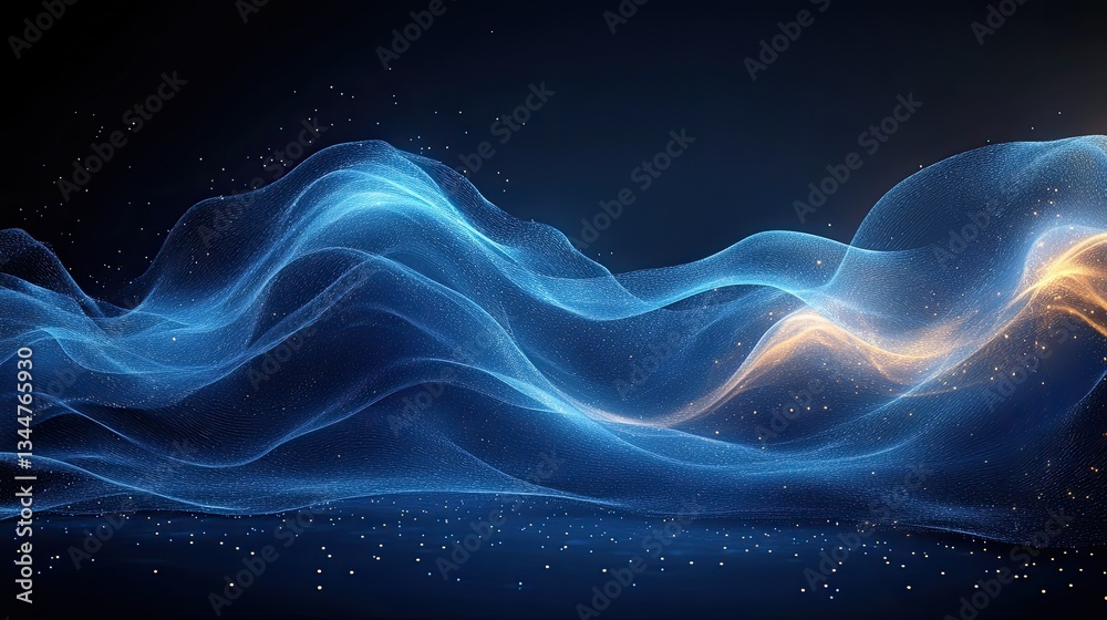 Obraz premium Abstract blue and gold waves digital art, dark background, particles, website header
