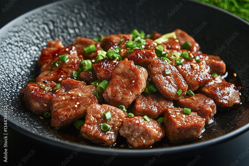 Delicious Beef Cubes in Savory Sauce Sesame Seeds and Green Onions Delicious Beef Cubes in Savory Sauce Sesame Seeds and Green Onions