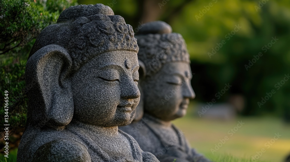 Peaceful stone Buddha statues in serene garden setting Peaceful stone Buddha statues in serene garden setting