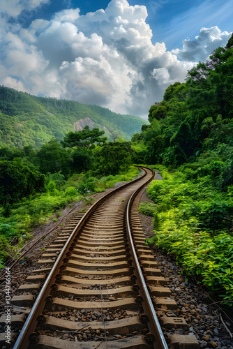 Embarking on a Serene Journey: A Scenic, Curving Railway Track Amidst Lush Greenery