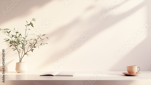 Chic and simple white desk with a touch of greenery and a warm beverage, modern interior design. 