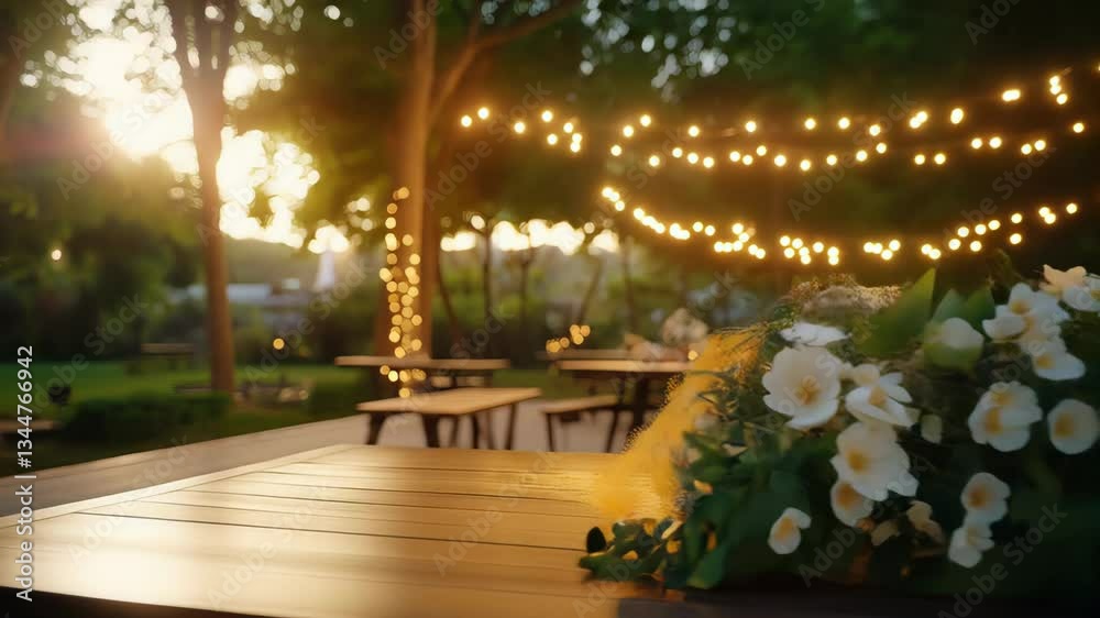 Outdoor celebration with drinks white flowers and warm string lights create a festive atmosphere