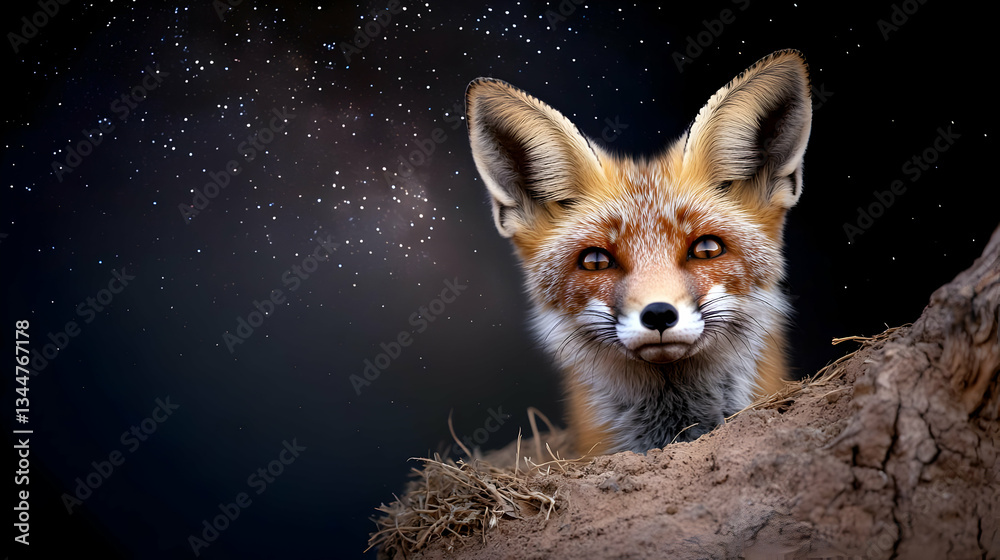 Red Fox Portrait At Night Under Starry Sky