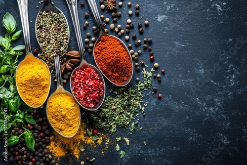 Fototapeta Naklejka Na Ścianę i Meble -  Colorful spices in spoons on dark background (1)