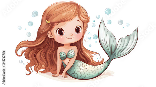 Cute Cartoon Mermaid Character with Long Hair and Bubbles Underwater