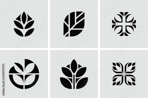 Set of Abstract Black and White Floral and Botanical Icons