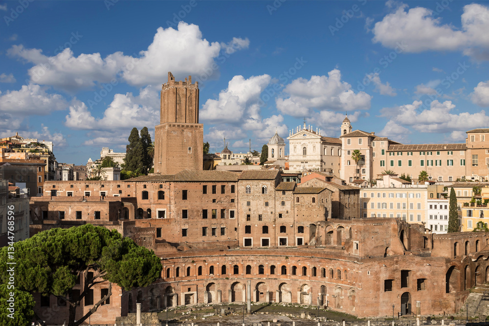 Trajan's Market is the ruins of commercial buildings on Trajan's forum in Rome, built in 100-112 by Apollodorus of Damascus. Italy, view from above. Italy
