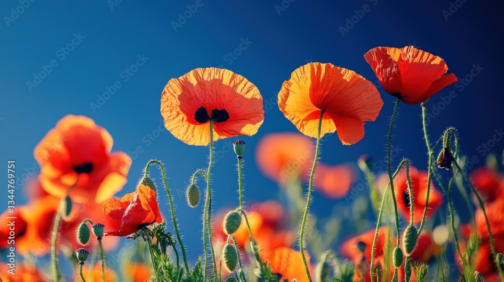 Obraz premium Vibrant Red Poppies Against Clear Blue Sky in Beautiful Natural Landscape