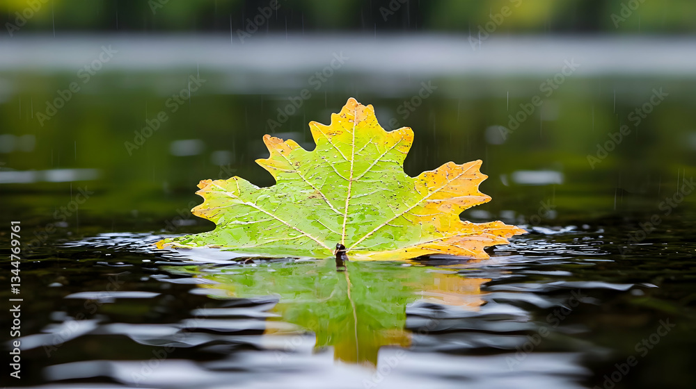 Single Colorful Maple Leaf Floating on Water Surface During Rainfall Single Colorful Maple Leaf Floating on Water Surface During Rainfall