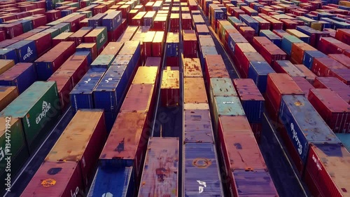 Numerous shipping containers are meticulously arranged in vibrant colors at a busy port as the sun sets in the background, creating a stunning visual contrast in this logistics hub