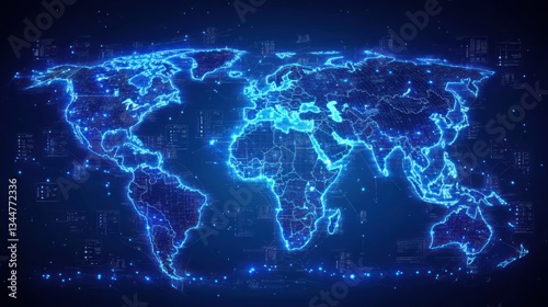Global digital map with glowing outlines and data points.