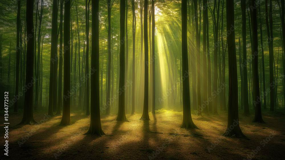 Obraz premium Sunlit Forest with Tall, Straight Trees, Their Trunks Rising Above the Ground, Creating a Tranquil Scene with Open Space Ideal for Copy or Banners