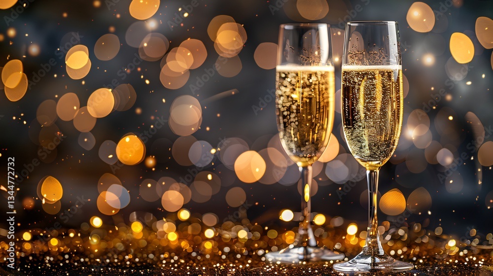 Champagne glasses toasting midnight sparkling lights and open space for festive text Champagne glasses toasting midnight sparkling lights and open space for festive text