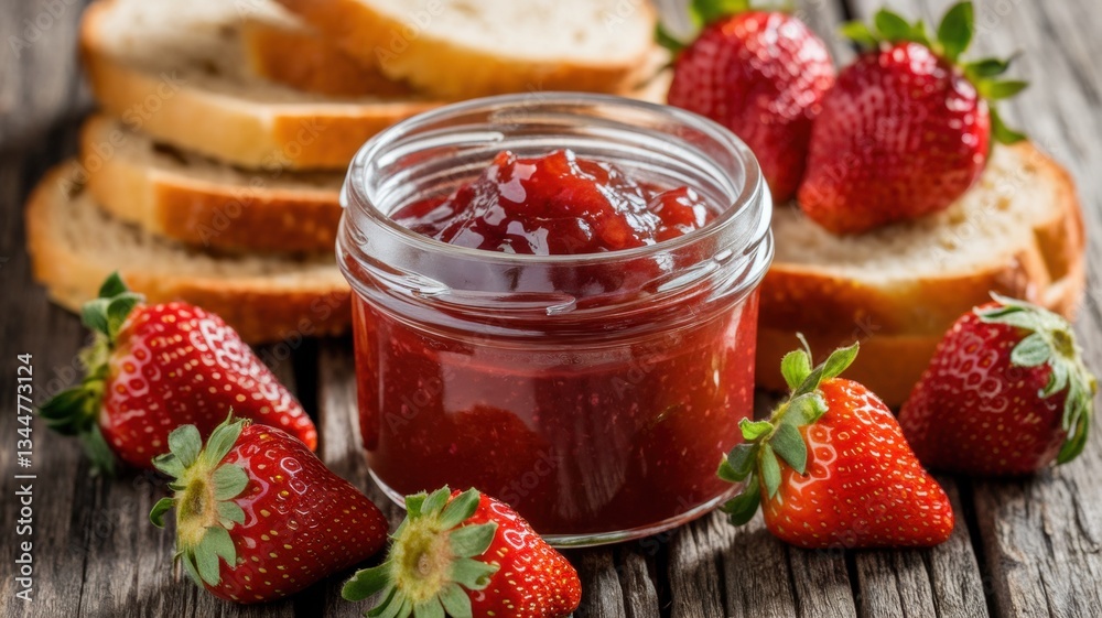 A jar filled with strawberry jam on a wooden table. The jar is surrounded by fresh strawberries and slices of toasted bread. A jar filled with strawberry jam on a wooden table. The jar is surrounded by fresh strawberries and slices of toasted bread.