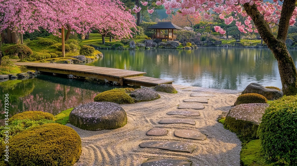 Fototapeta premium A peaceful Japanese Zen garden with perfectly raked sand patterns, large moss-covered stones, and a small wooden bridge over a koi pond. Cherry blossom trees gently shed pink petals into the water, cr