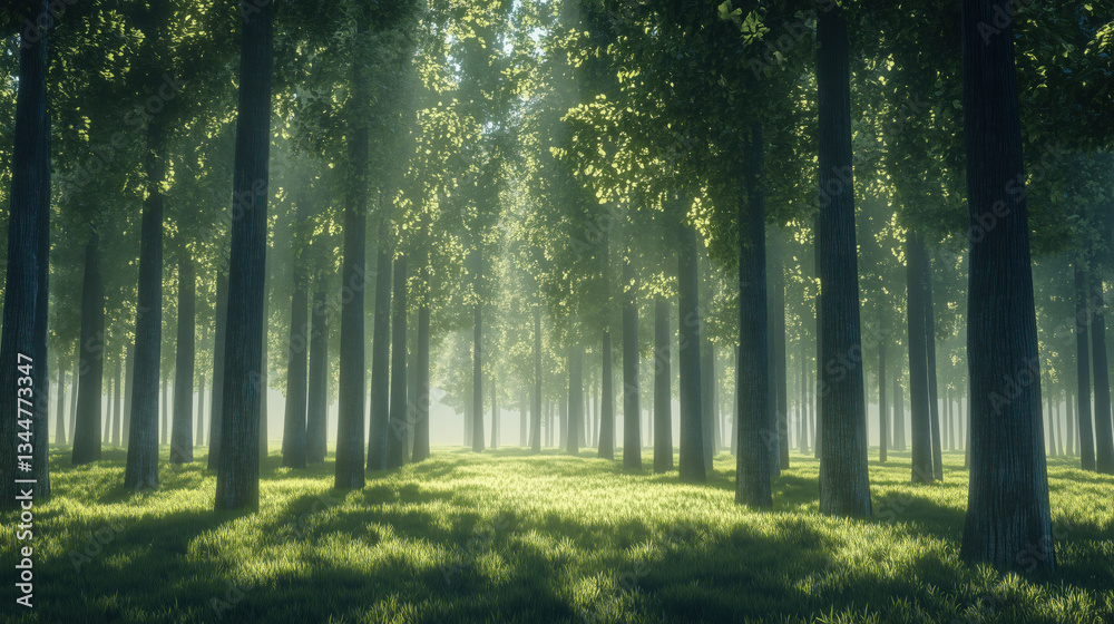 Obraz premium Sunlit Forest with Tall, Straight Trees, Their Trunks Rising Above the Ground, Creating a Tranquil Scene with Open Space Ideal for Copy or Banners