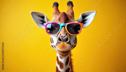 Cute giraffe wears colorful sunglasses on vibrant yellow backdrop. Funny animal portrait looks into camera, posing. Wildlife art, zoo, playful mood, summer vacation. Smiling hipster giraffe, comic