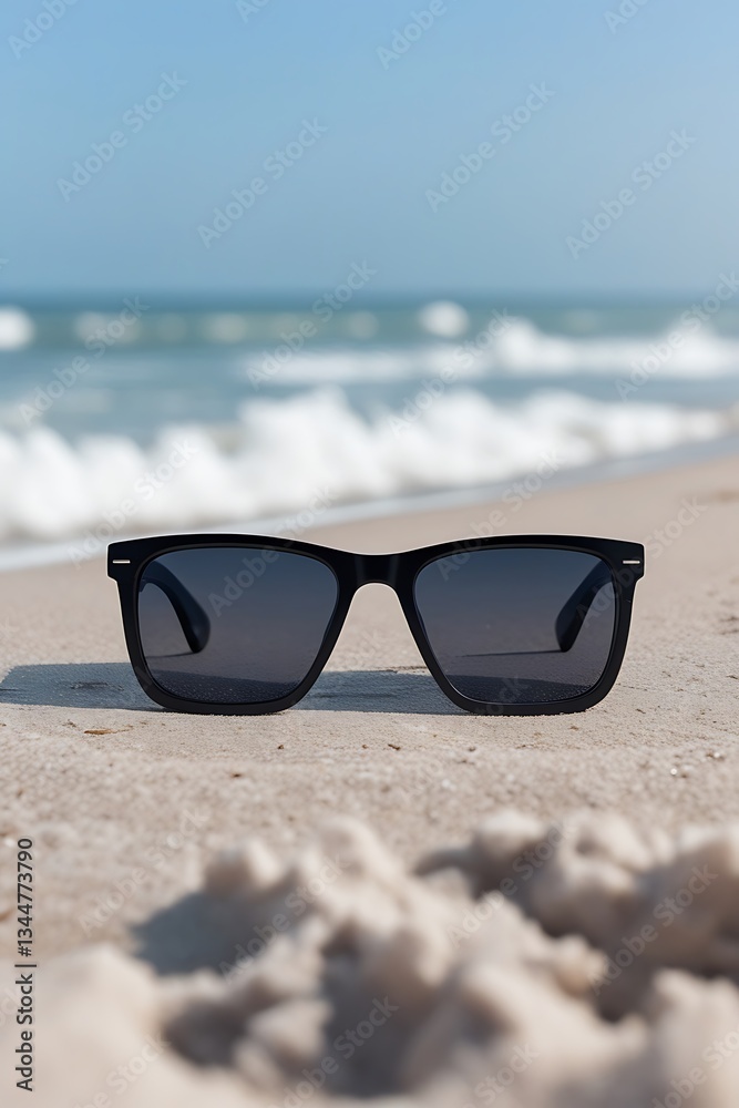 Sunglasses lying on the beach sand, with a clear view of the ocean in the background Sunglasses lying on the beach sand, with a clear view of the ocean in the background