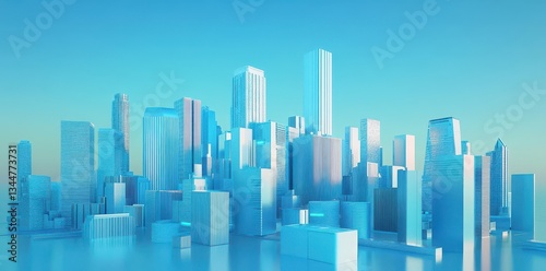 A futuristic cityscape rendered in a cool monochromatic blue palette